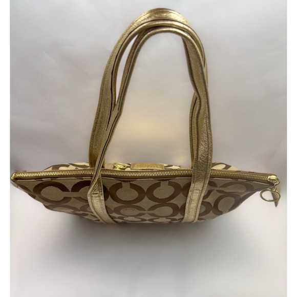 COACH Poppy Op Art Glam Gold Khaki Tote Bag Blue Teal Liner Signature C - Picture 8 of 12